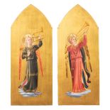 A pair of gothic revival style panels with hand-painted images of angels.Ê20th C. (14 x 34cm)