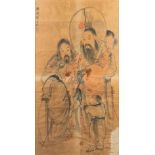 A Chinese drawing, watercolor on paper, images of immortals and a child. 20th C. (74 x 135 cm)