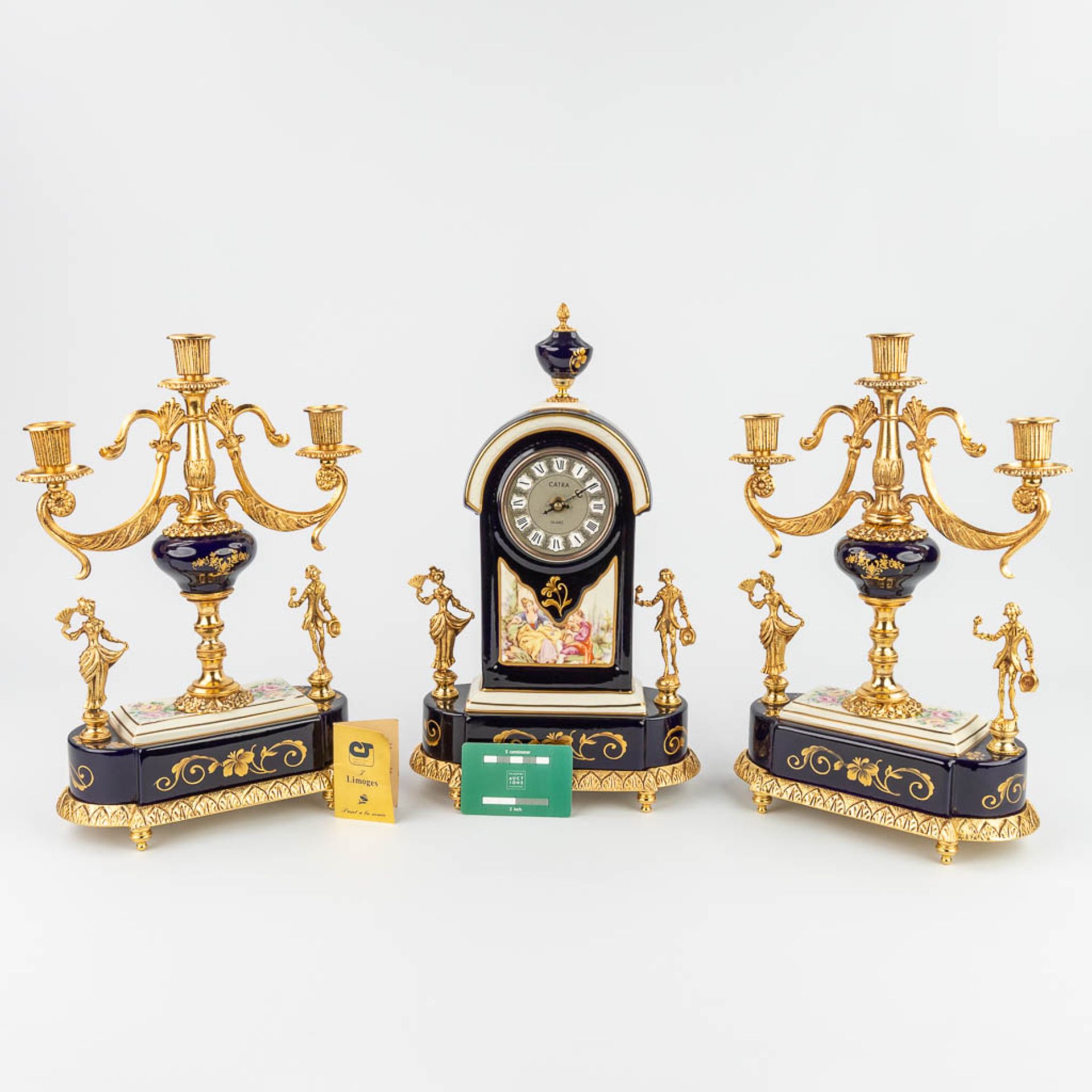 Limoges, a three-piece mantle garniture clock and candelabra, Campostrini e trallori (12 x 23 x 40cm - Image 3 of 17