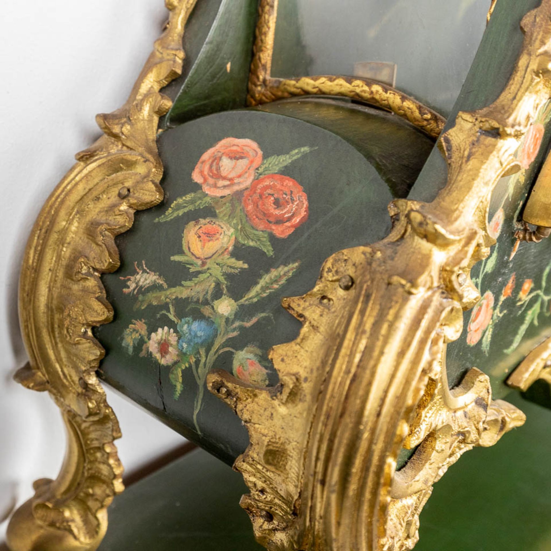 A Cartel clock with console with hand-painted flower decor. (52 x 115cm) - Image 4 of 16