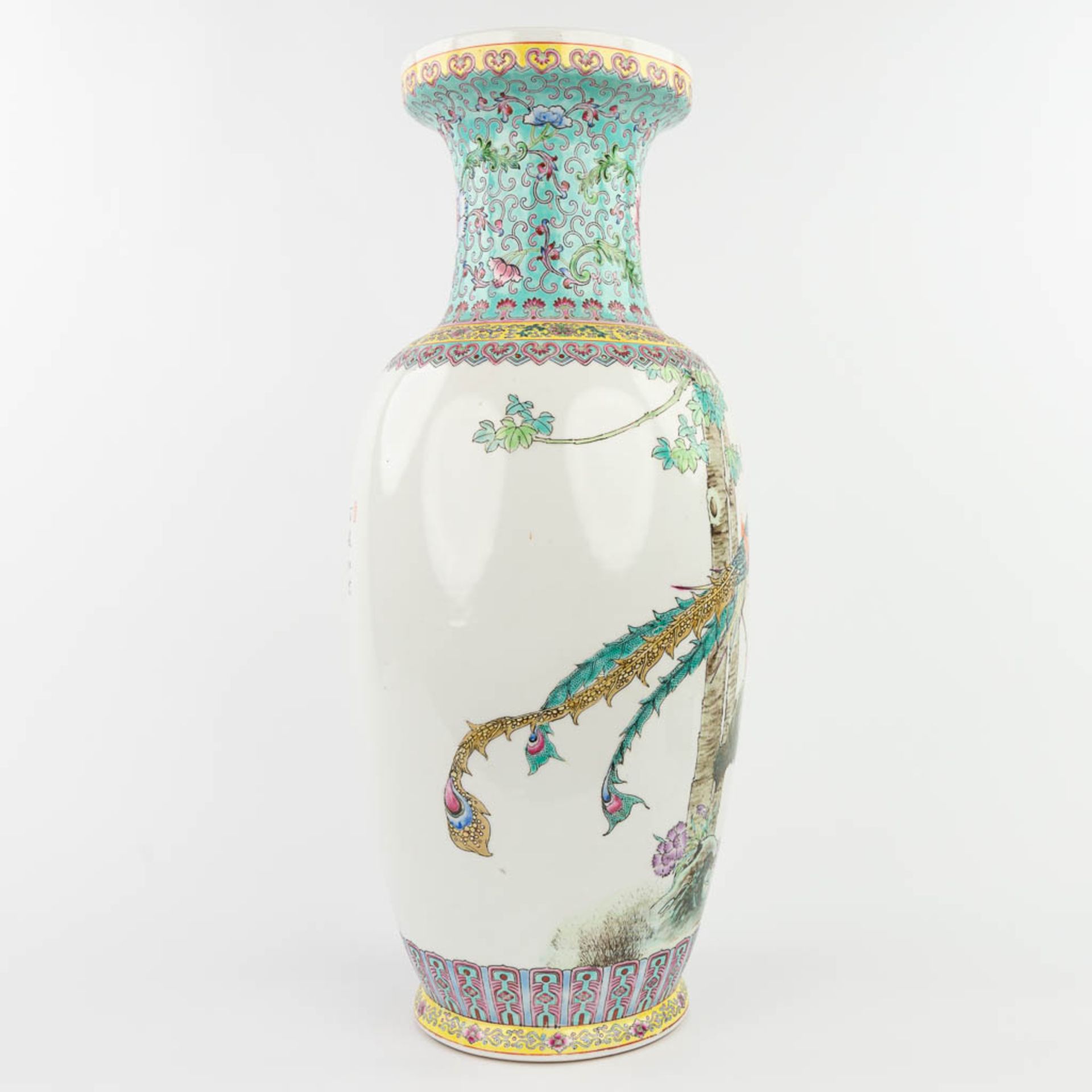 A Chinese vase made of porcelain and decorated with peacocks. 20th C. (60,5 x 23,5 cm) - Image 10 of 12