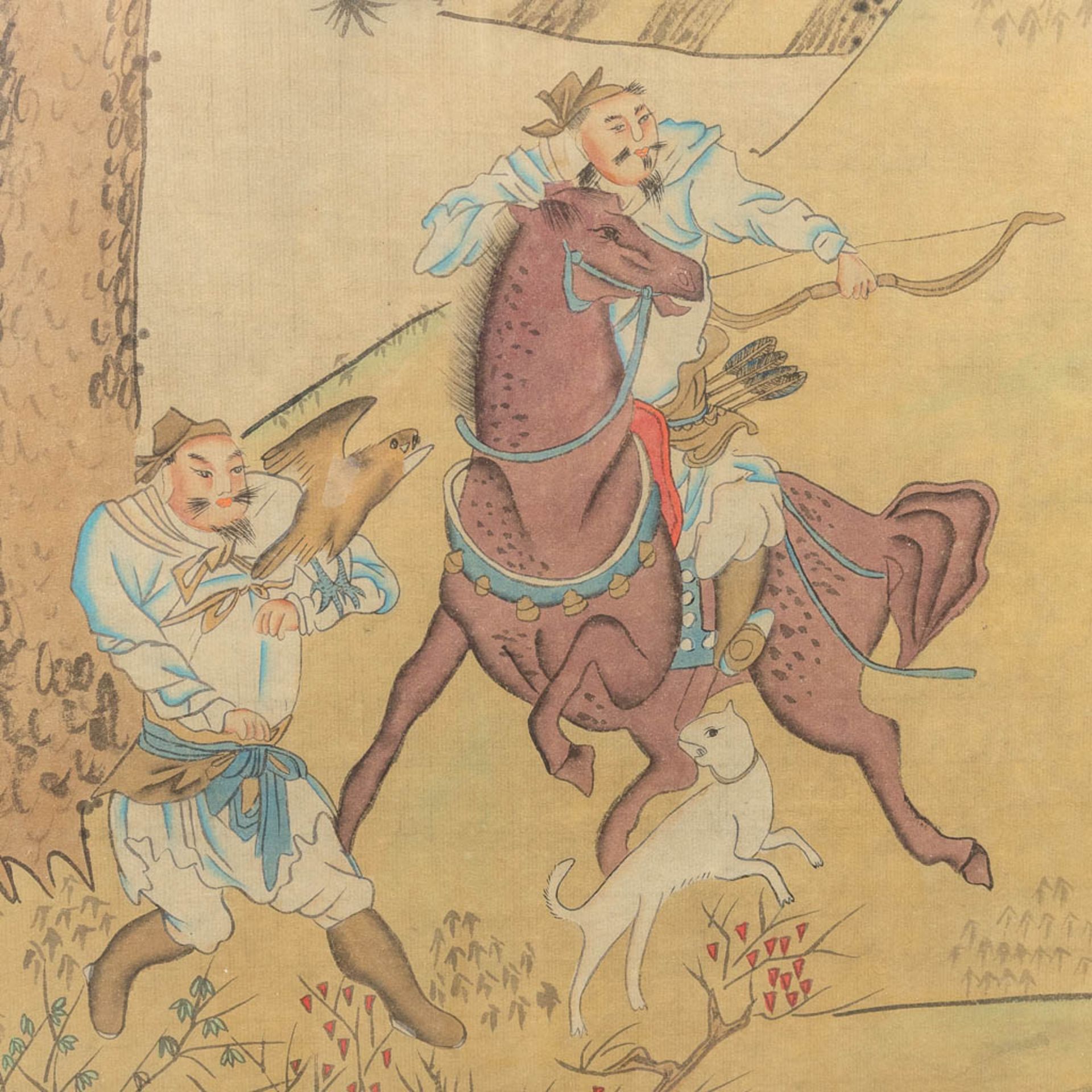 A Chinese painting on silk, 'Hunting Scene'. (42 x 84 cm) - Image 3 of 6