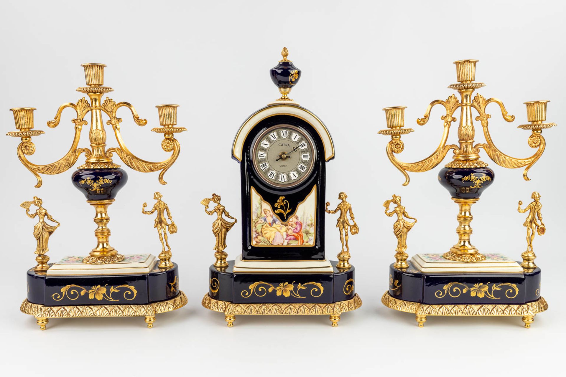 Limoges, a three-piece mantle garniture clock and candelabra, Campostrini e trallori (12 x 23 x 40cm - Image 11 of 17