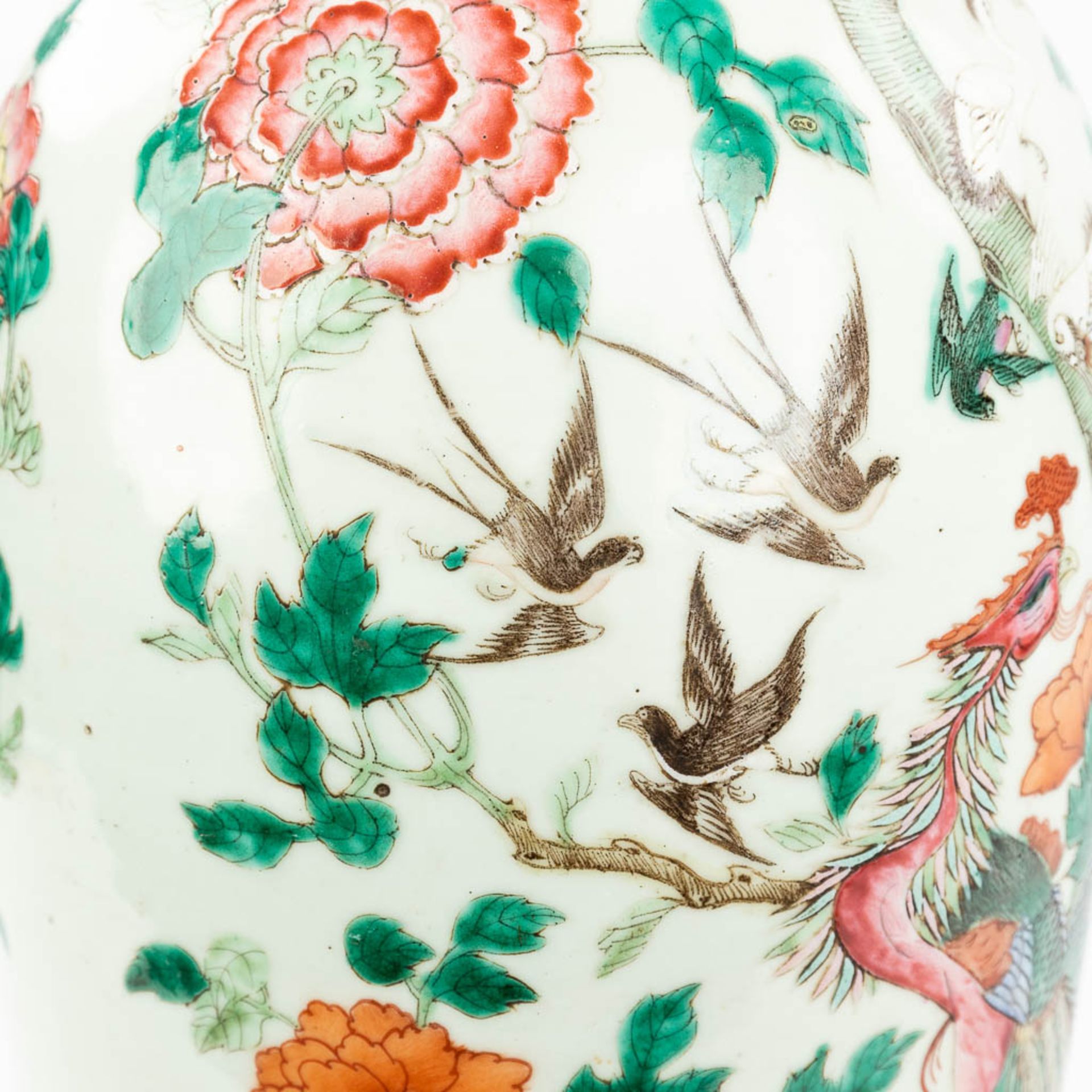 A Chinese vase made of porcelain, decorated with peacocks and birds. (61,5 x 24 cm) - Image 11 of 18