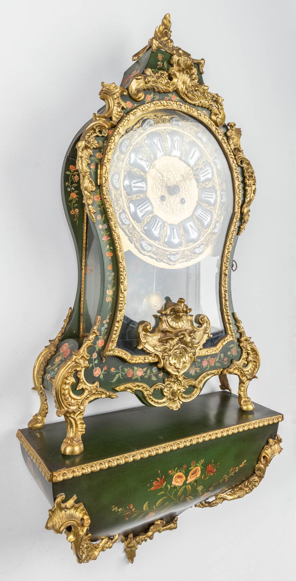 A Cartel clock with console with hand-painted flower decor. (52 x 115cm) - Image 12 of 16