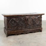 An antique chest with gothic sculptured panels. (55 x 125 x 60cm)