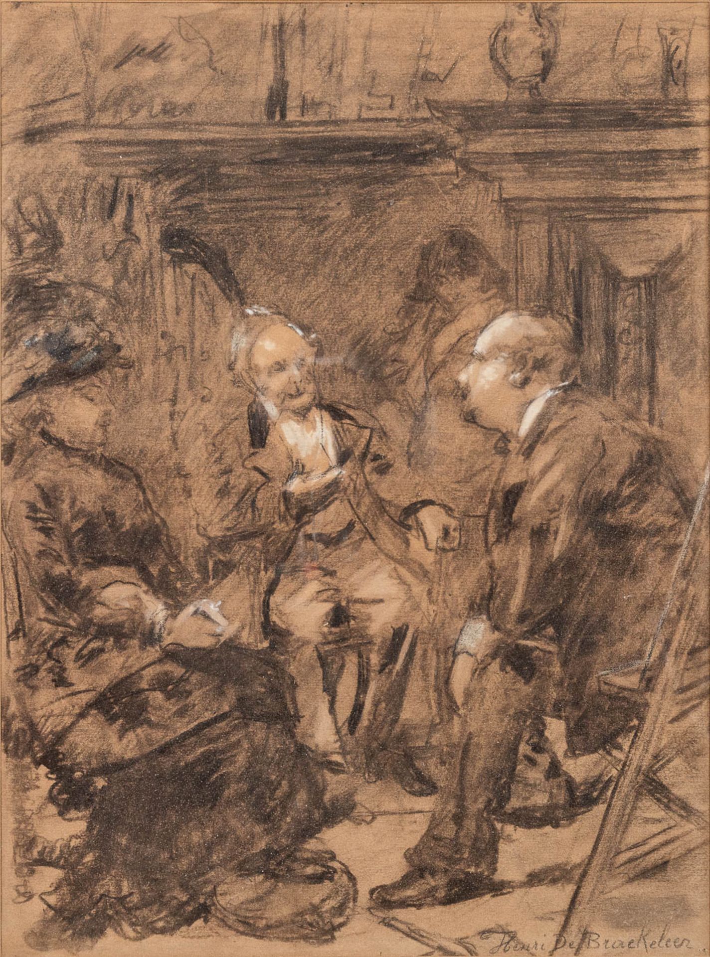 Henri DE BRAEKELEER (1840-1888) 'The conversation', a drawing on paper. (26 x 35cm)