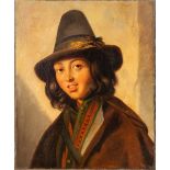 Portait of a young herder with a hat, marked Roma. Illegibly signed, oil on canvas. 1842. (50 x 60cm