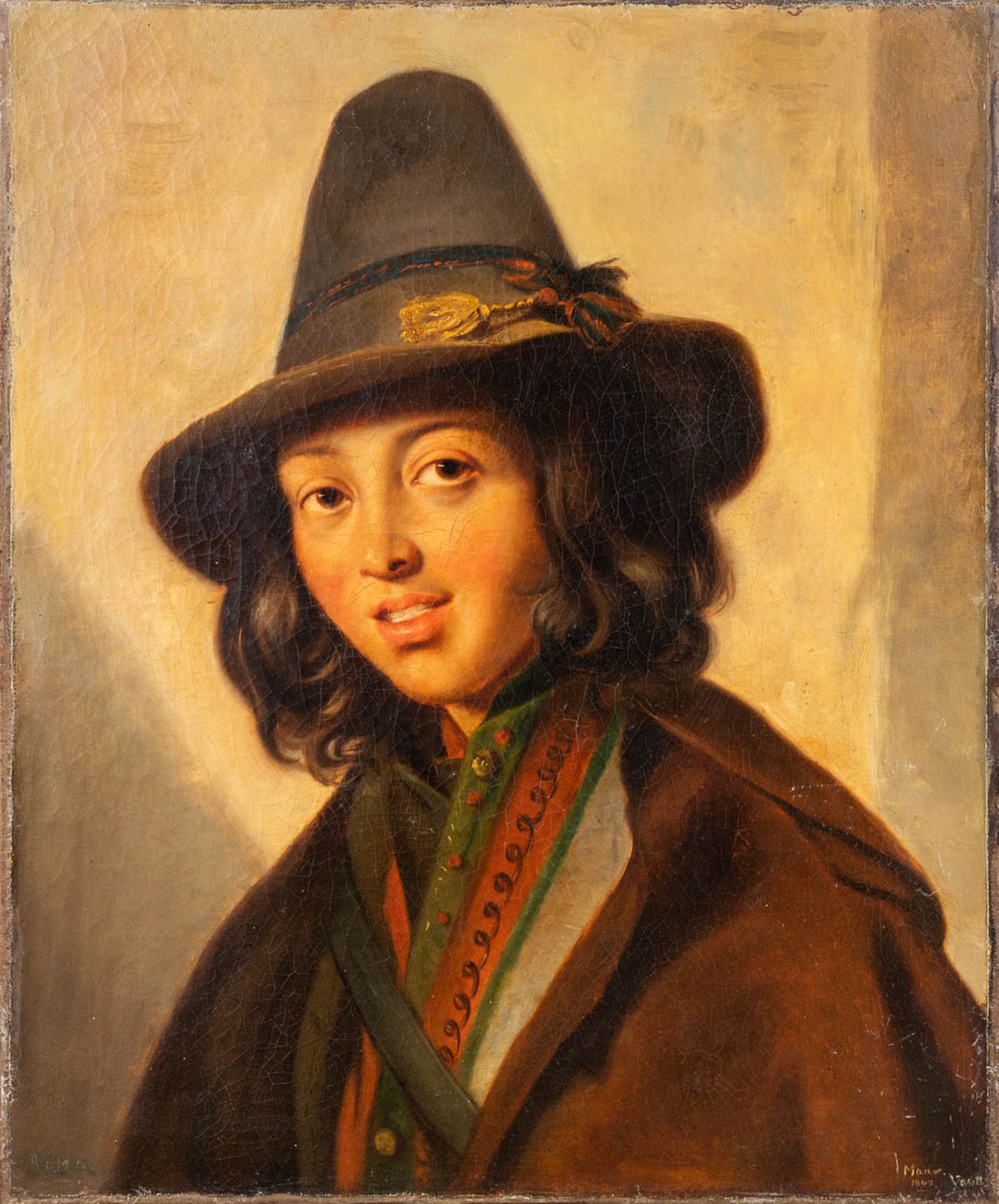 Portait of a young herder with a hat, marked Roma. Illegibly signed, oil on canvas. 1842. (50 x 60cm