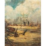 Armand JAMAR (1870-1946) 'Shipyard in London', oil on canvas. (80 x 100cm)