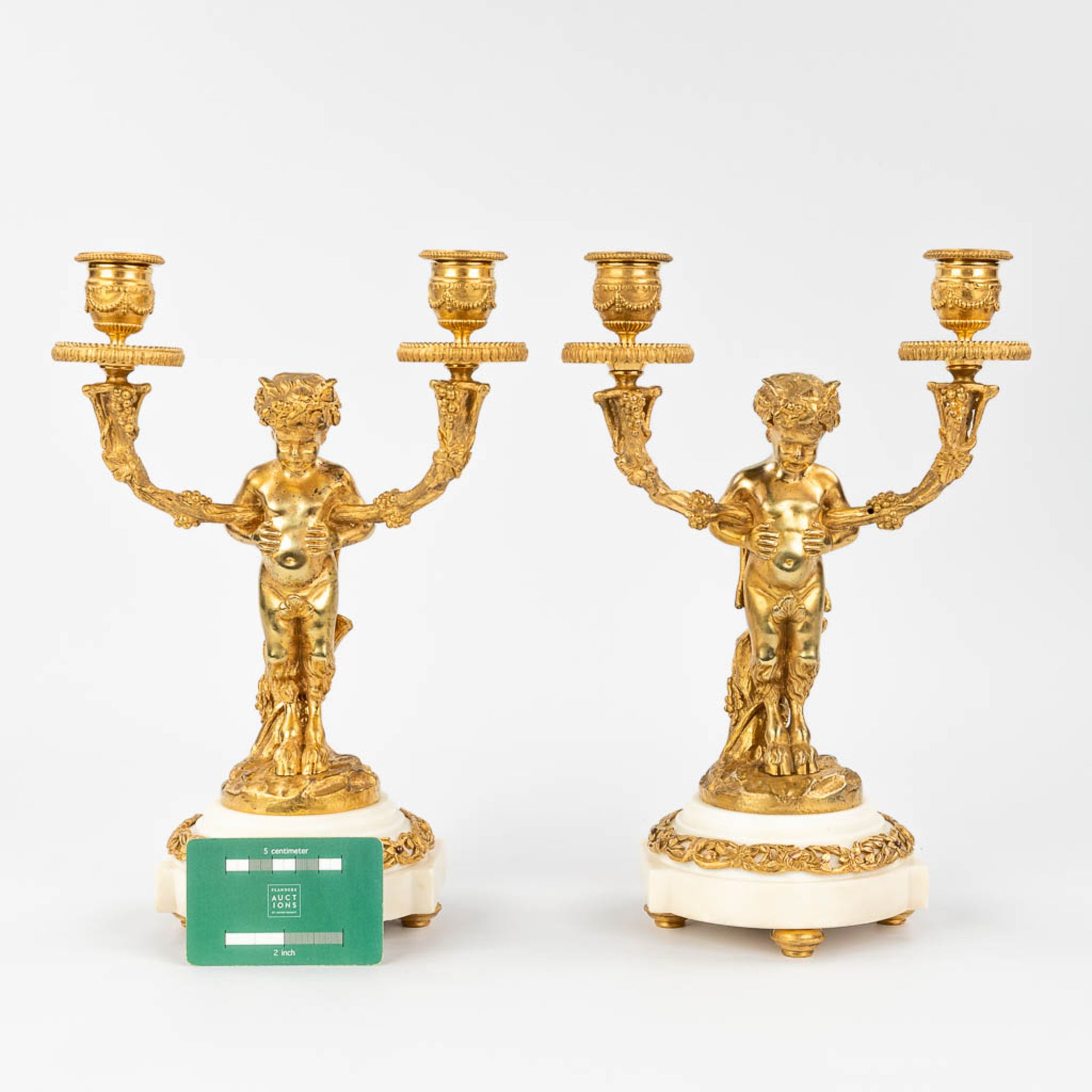 A pair of candelabra with Satyr figurines, made of gold-plated bronze. (13 x 21 x 30,5cm) - Bild 2 aus 13