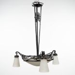 A chandelier made of wrought iron with a satin glass bowl and 3 shades, marked 'Malaty' (60 x 60 x 8