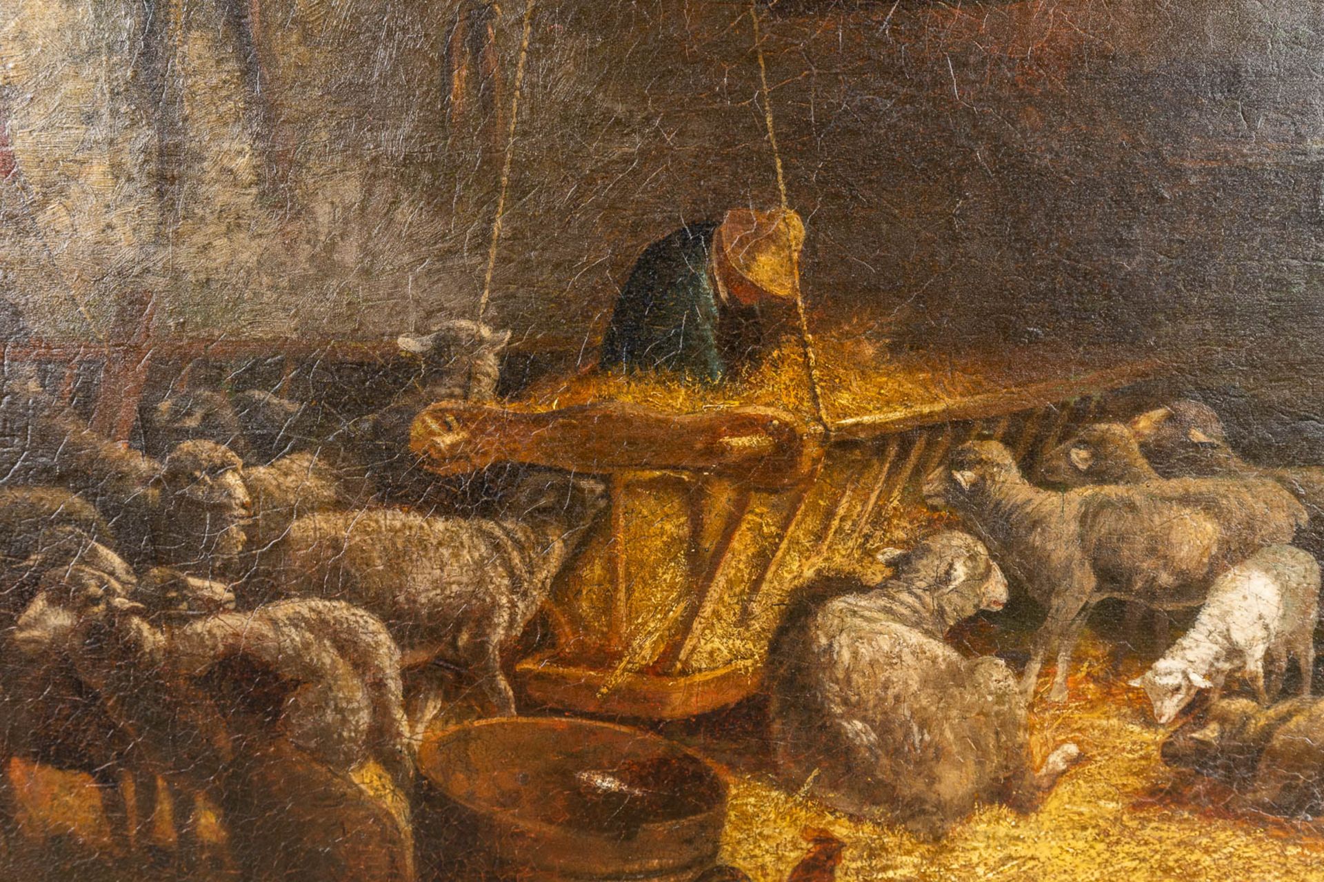 Cornelis VAN LEEMPUTTEN (1841-1902) 'Sheep in the barn' oil on canvas. (83 x 61cm) - Image 5 of 8