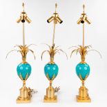 A set of 3 table lamps with blue glass, made in Hollywood Regency style (80cm)