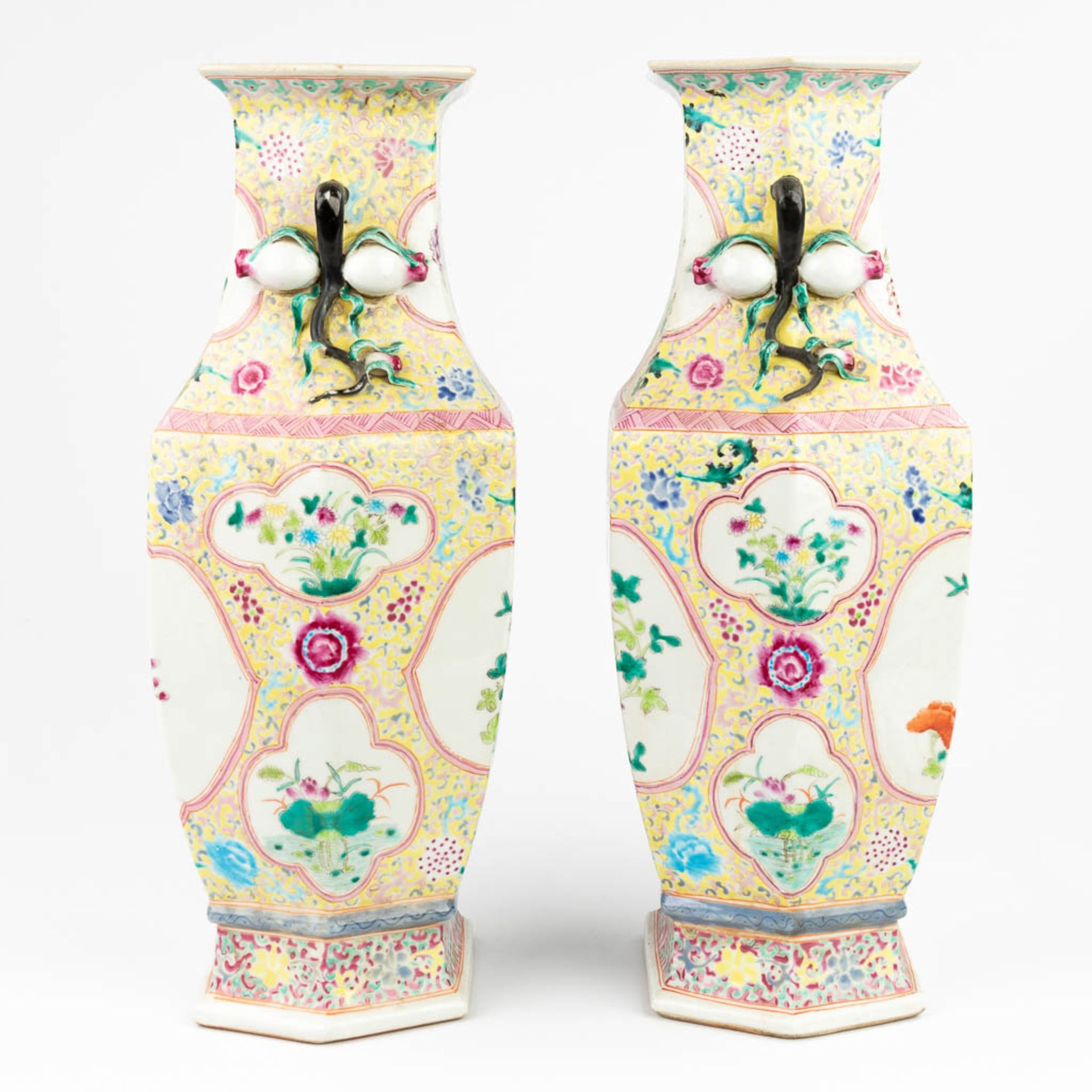 A pair of hexagonal Chinese vases made of porcelain (18 x 22 x 46 cm) - Image 8 of 17
