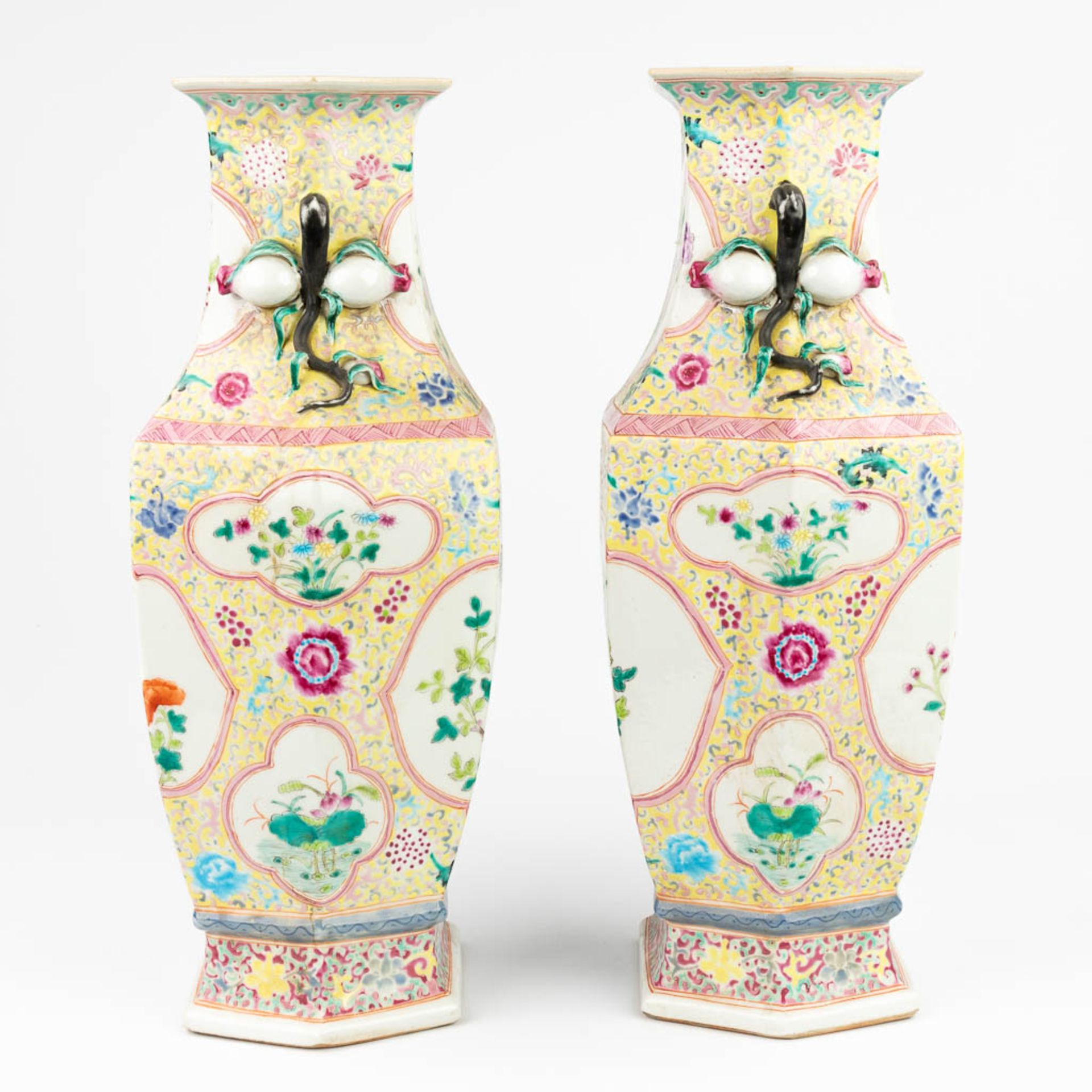 A pair of hexagonal Chinese vases made of porcelain (18 x 22 x 46 cm) - Image 9 of 17