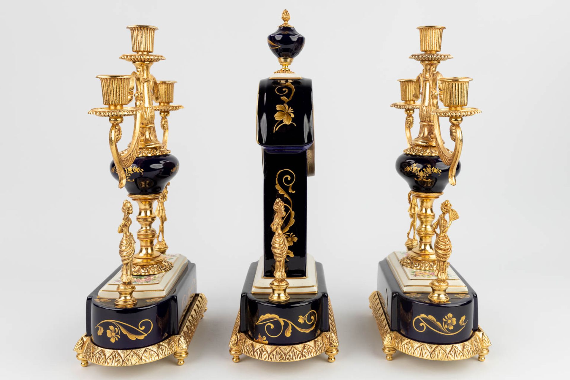 Limoges, a three-piece mantle garniture clock and candelabra, Campostrini e trallori (12 x 23 x 40cm - Image 14 of 17