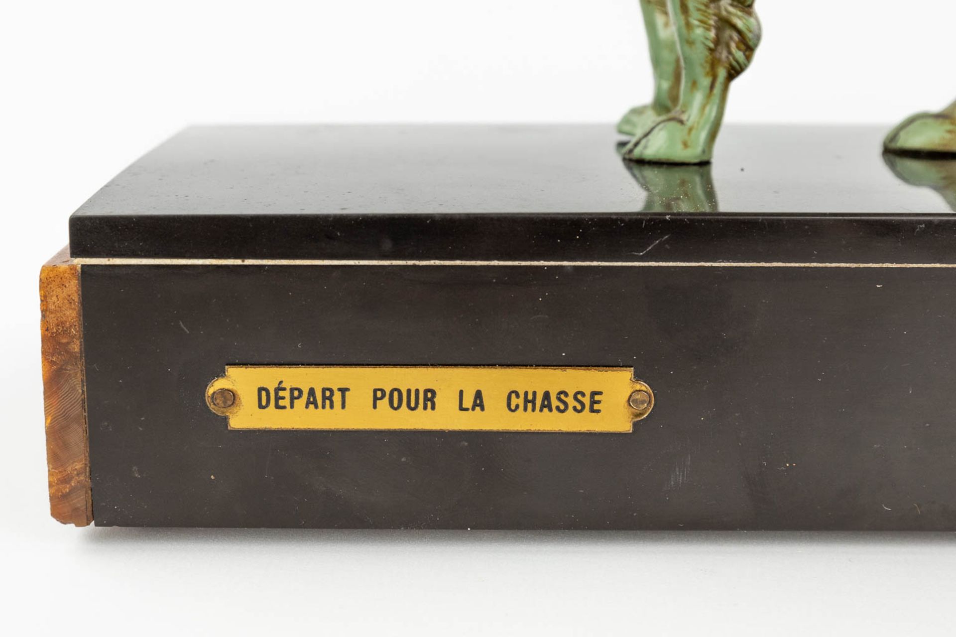 'Depart Pour La Chasse', a statue made in art deco style of marble and spelter. (12 x 67 x 45cm) - Image 8 of 13