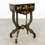 A sewing box on a stand, decorated with Chinoiserie decors.ÊCirca 1880. (30 x 44 x 68 cm)
