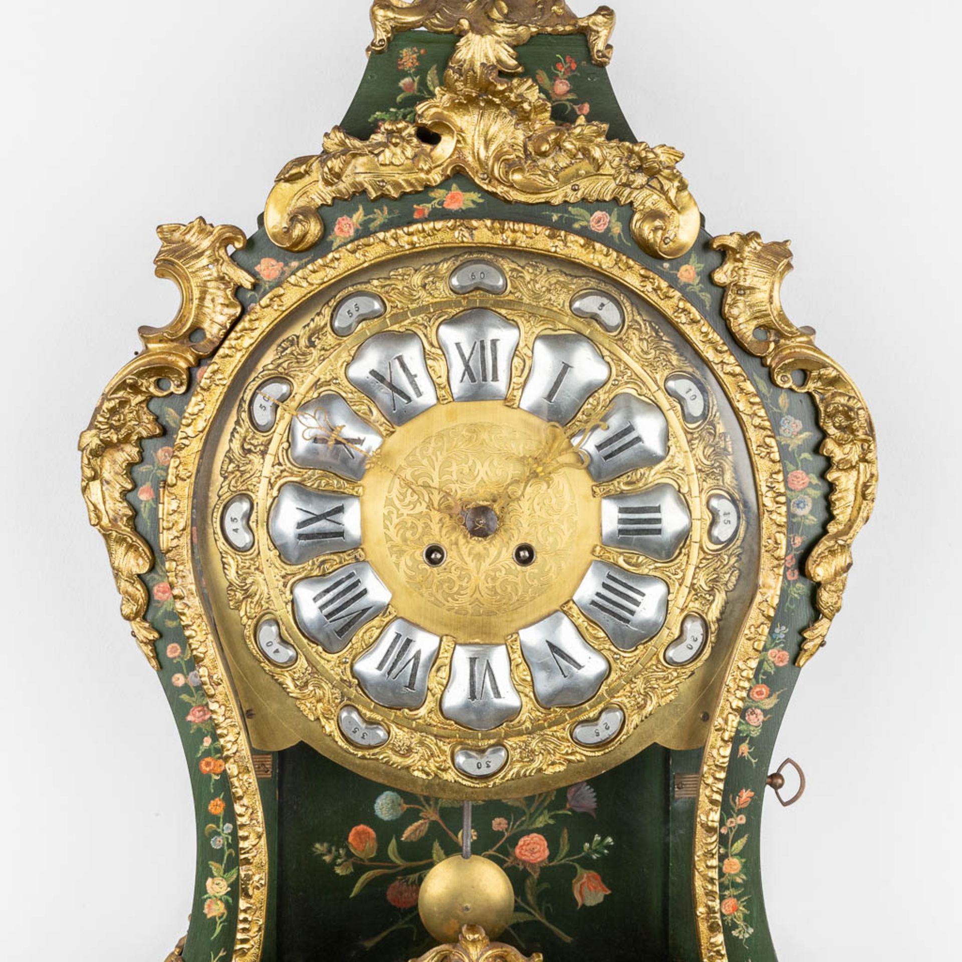 A Cartel clock with console with hand-painted flower decor. (52 x 115cm) - Image 13 of 16