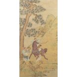 A Chinese painting on silk, 'Hunting Scene'. (42 x 84 cm)