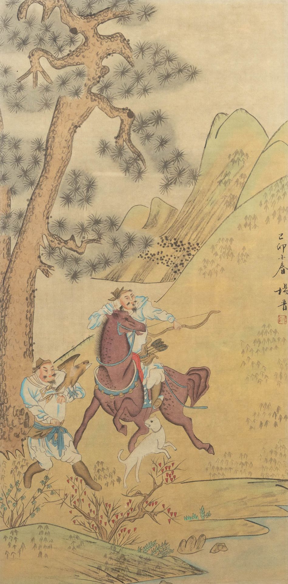 A Chinese painting on silk, 'Hunting Scene'. (42 x 84 cm)