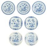 A collection of 7 Chinese plates with blue-white decor. (23 cm)