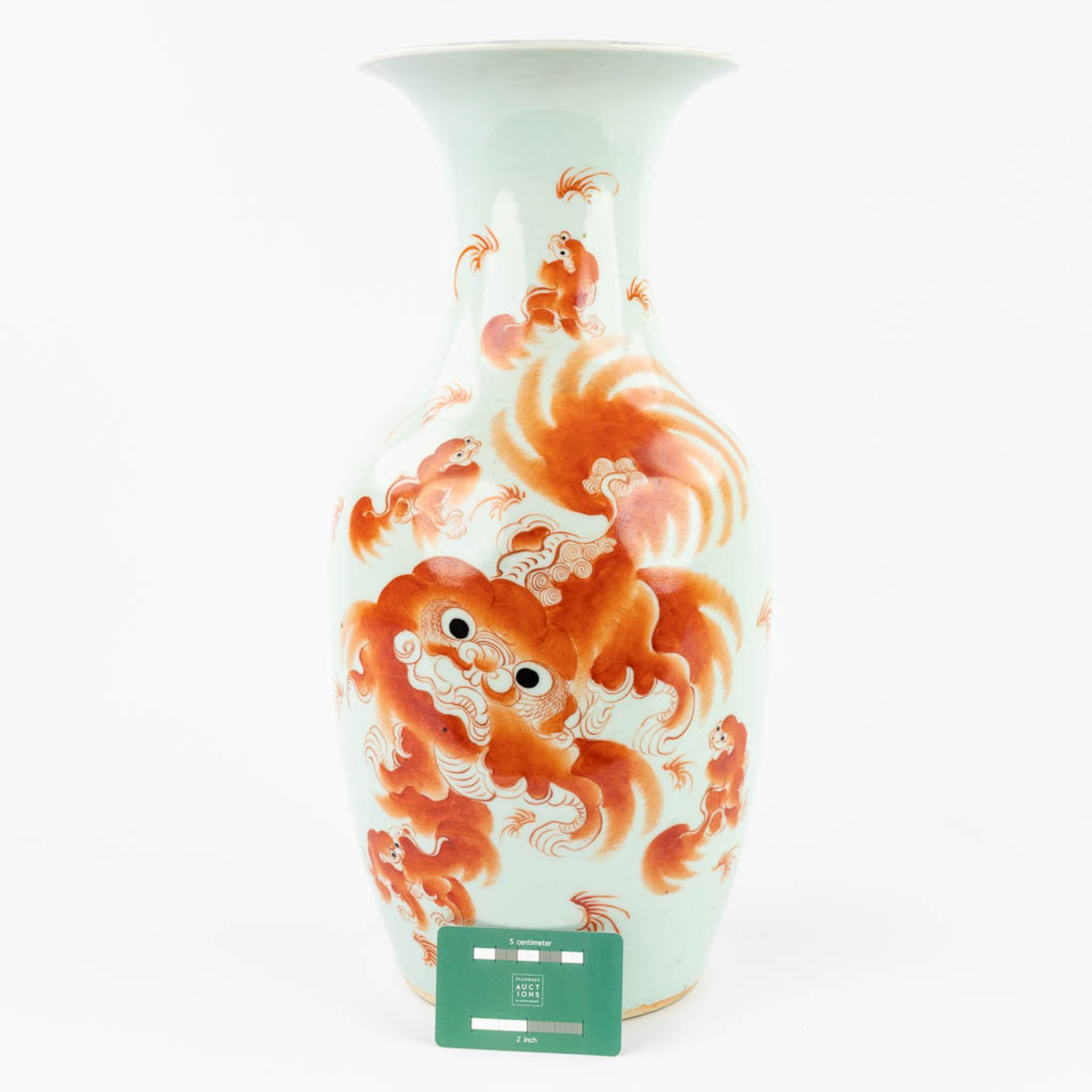 A Chinese vase made of porcelain and decorated with a red foo dog. (44,5 x 21 cm) - Image 15 of 16