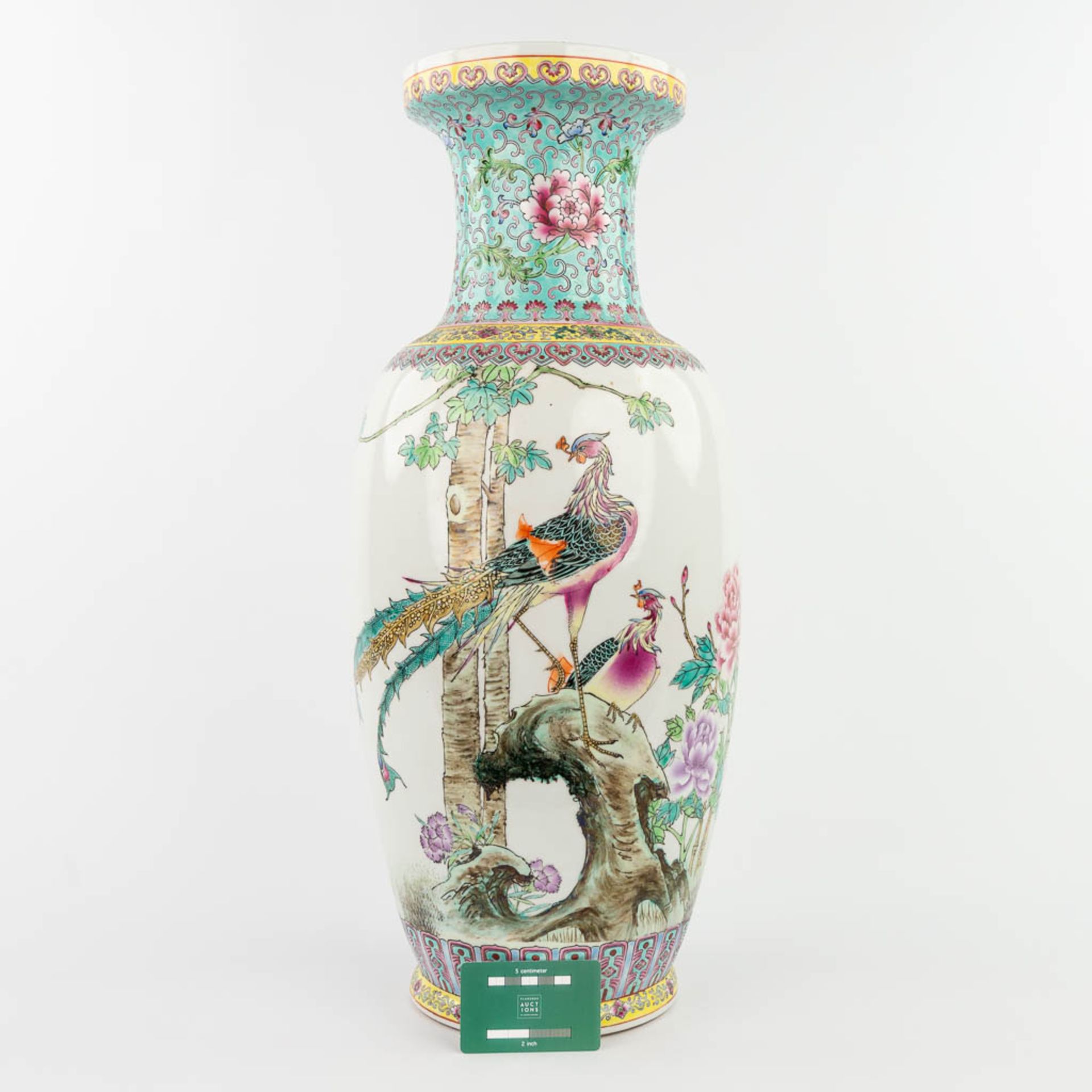 A Chinese vase made of porcelain and decorated with peacocks. 20th C. (60,5 x 23,5 cm) - Image 5 of 12