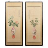 A pair of framed Chinese paintings with a flower vase, watercolour on silk.Ê20th C. (46 x 125 cm)