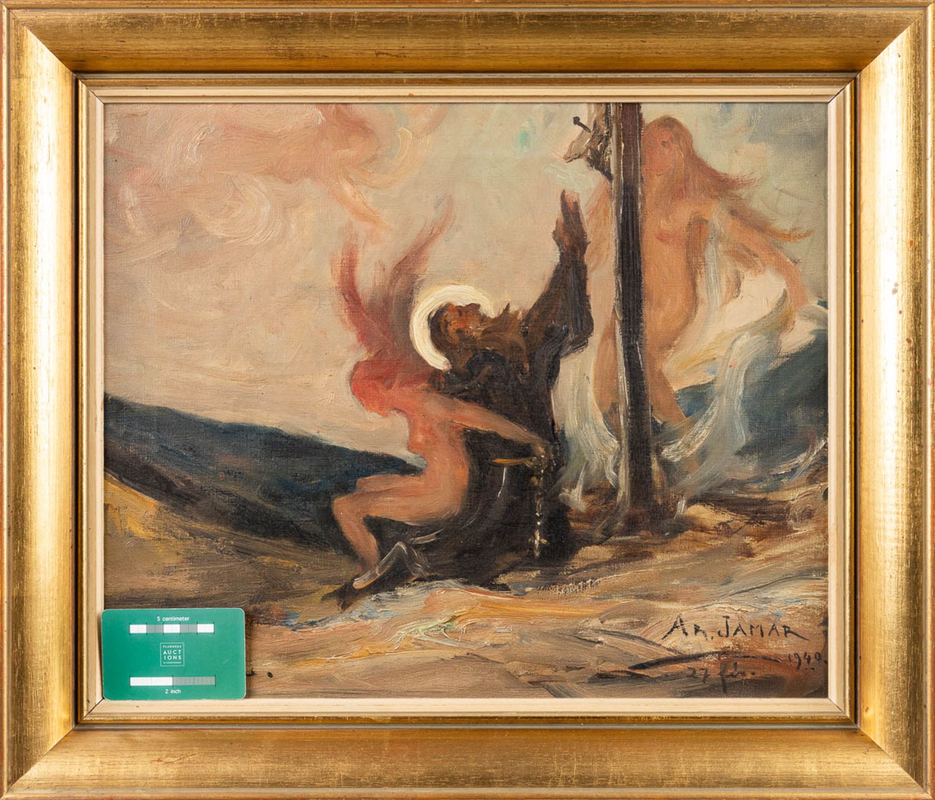 ArmandÊJAMAR (1870-1946) 'Tentation De Antoine' oil on canvas. 1949. (45 x 37cm) - Image 5 of 8