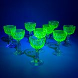 Val Saint-Lambert, a collection of 9 goblets made of uranium glass. (11 x 6cm)