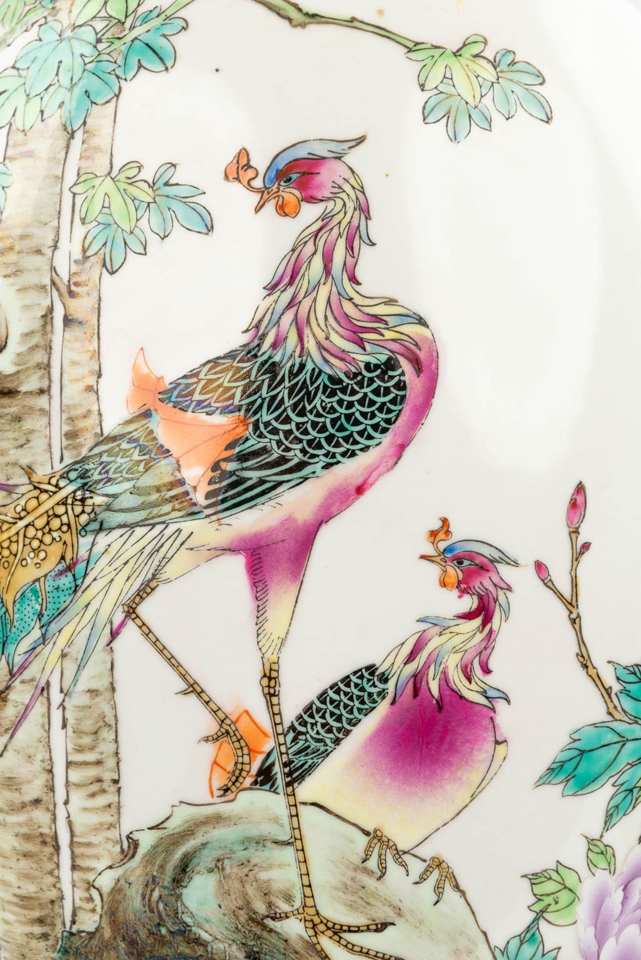 A Chinese vase made of porcelain and decorated with peacocks. 20th C. (60,5 x 23,5 cm) - Image 9 of 12