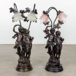Auguste MOREAU (1834-1917)(after) 'Two Table Lamps' made of resine with glass shades. Posthumously c