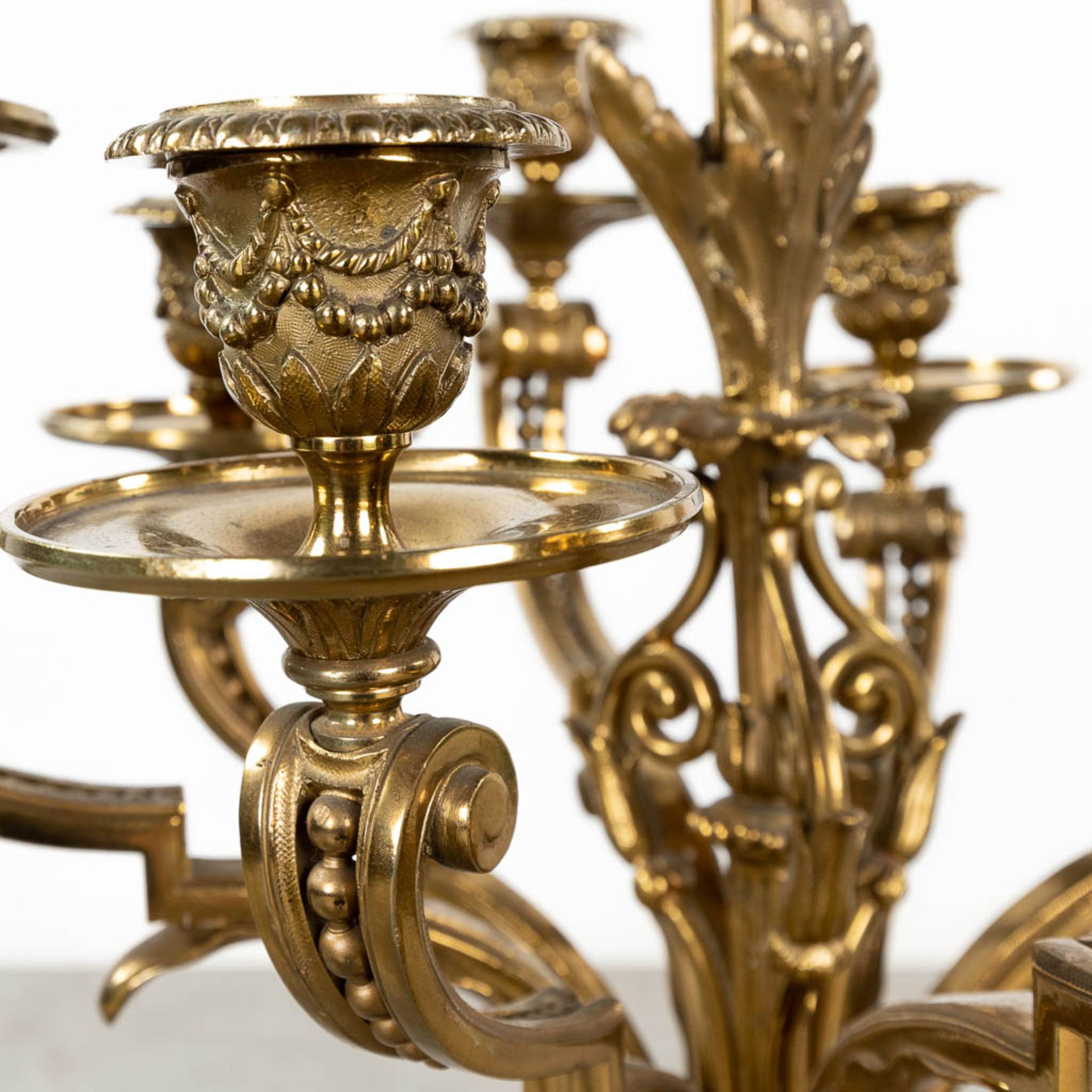 A pair of large neoclassical candelabra made of polished bronze. (L:30 x W:30 x H:90 x D:42,5 cm) - Image 9 of 12