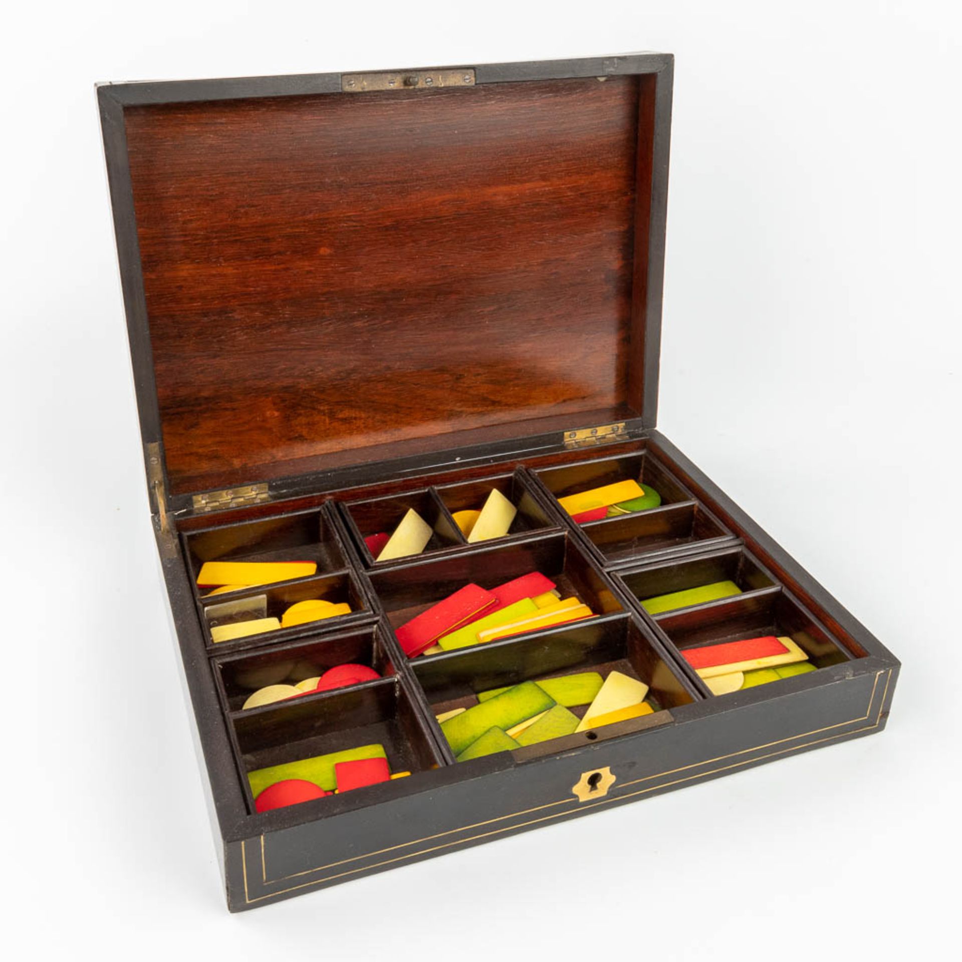 A game box, ebonised wood with copper inlay, Napoleon 3 periods. 19th C. (L:22 x W:30,5 x H:7 cm)