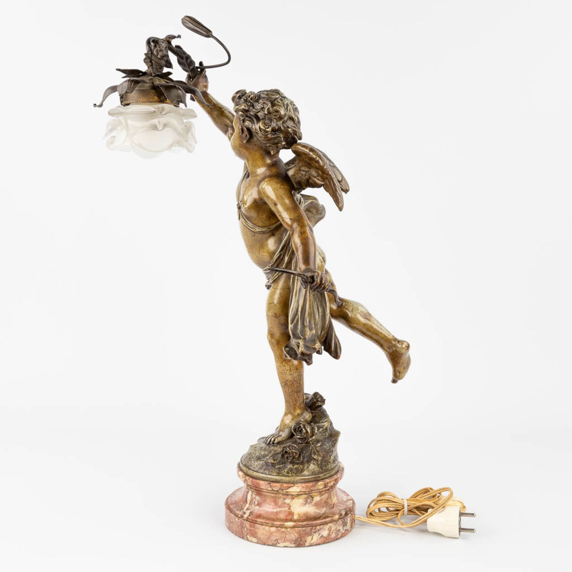Jean-Louis GR_GOIRE (1840-1890) 'Putto with a light', a figurative table lamp, patinated bronze. (H - Image 5 of 14
