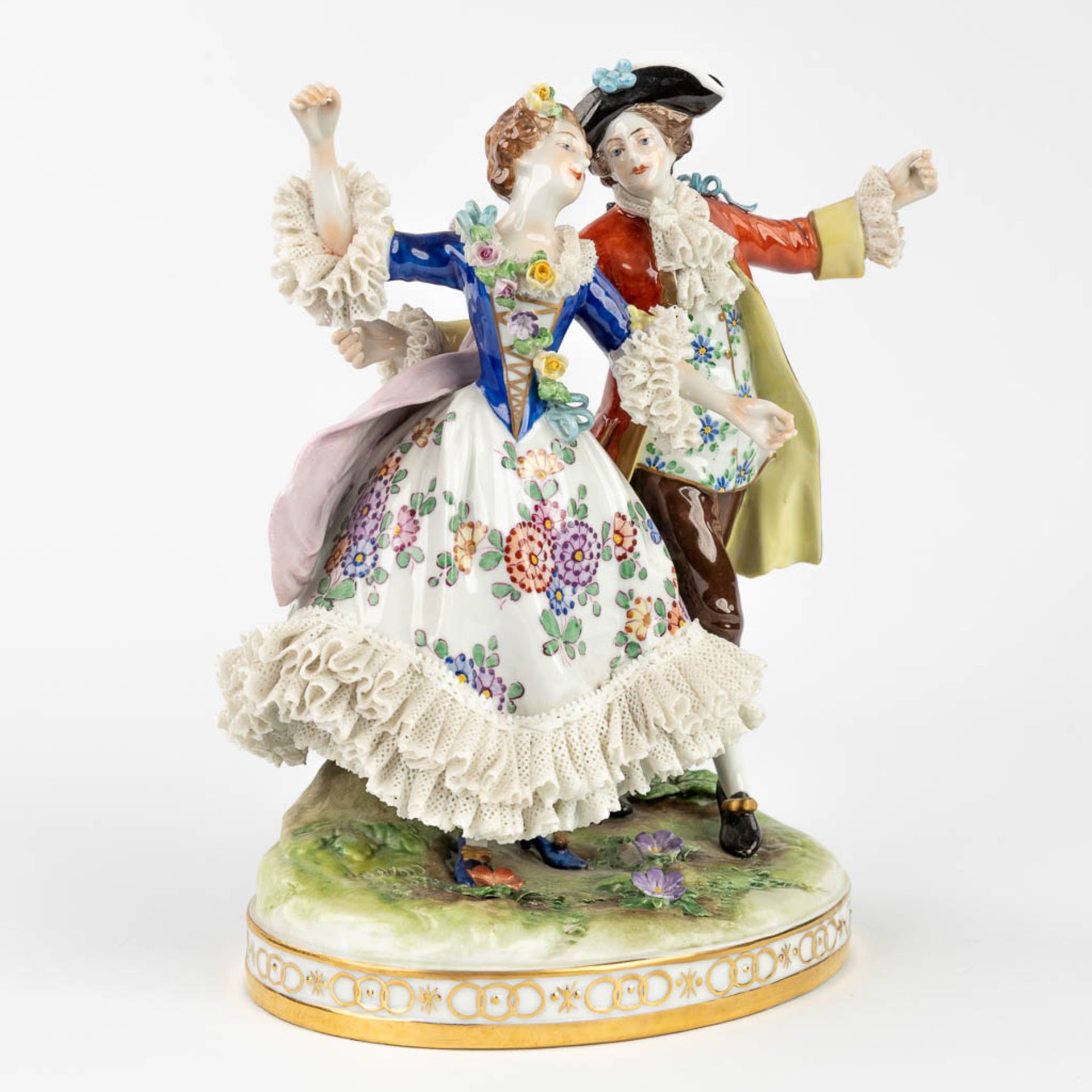 Volkstedt, A figurine of a dancing couple with porcelain lace. Circa 1970. (H:23,5 cm) - Image 3 of 13