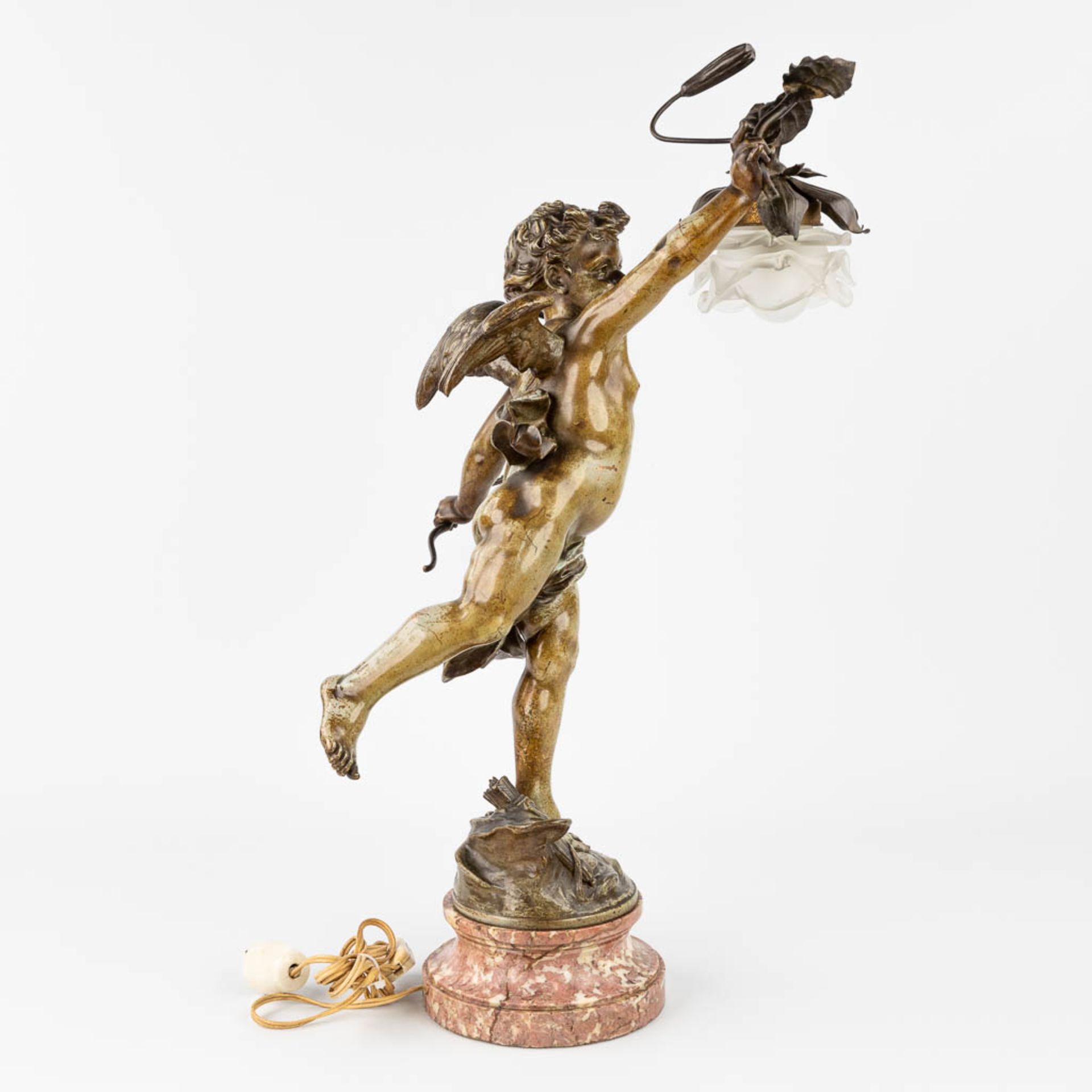 Jean-Louis GR_GOIRE (1840-1890) 'Putto with a light', a figurative table lamp, patinated bronze. (H - Image 7 of 14