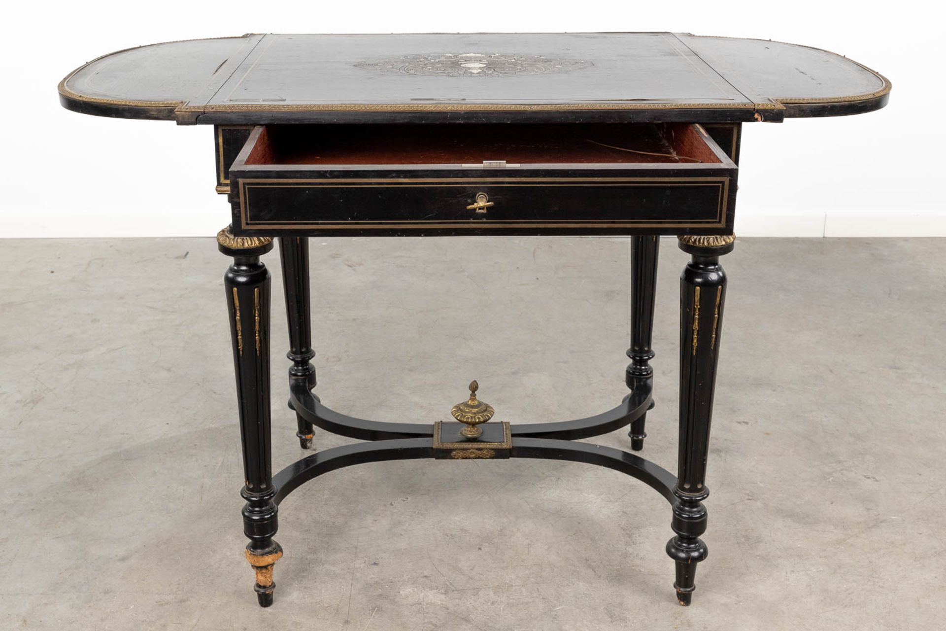 A game table made of ebonised wood inlaid with marquetry and mounted with bronze in Napoleon 3 style - Image 7 of 15