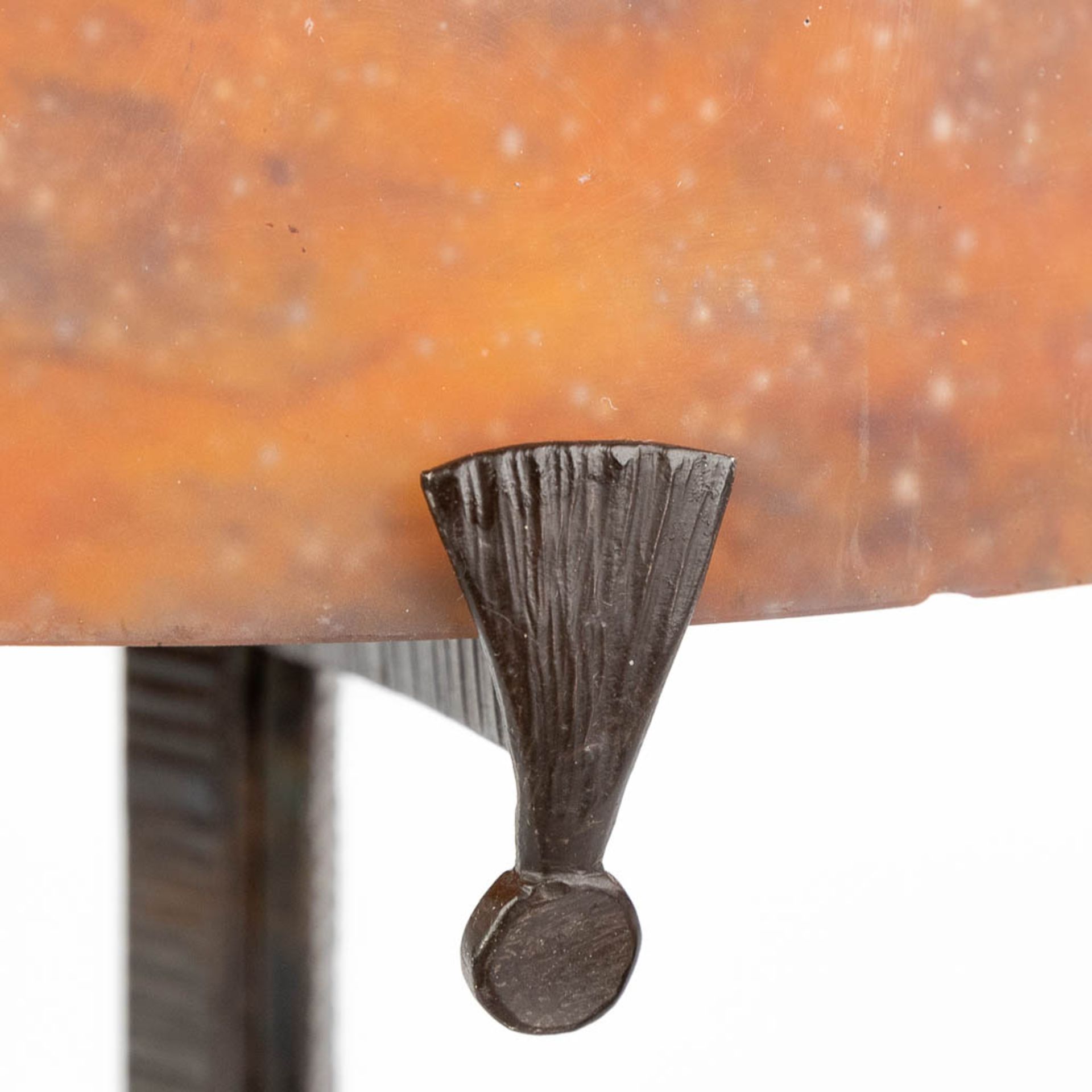 A wrought iron table lamp with pate de verre glass lampshade marked Muller Frres LunŽville. (H:39 - Image 12 of 13