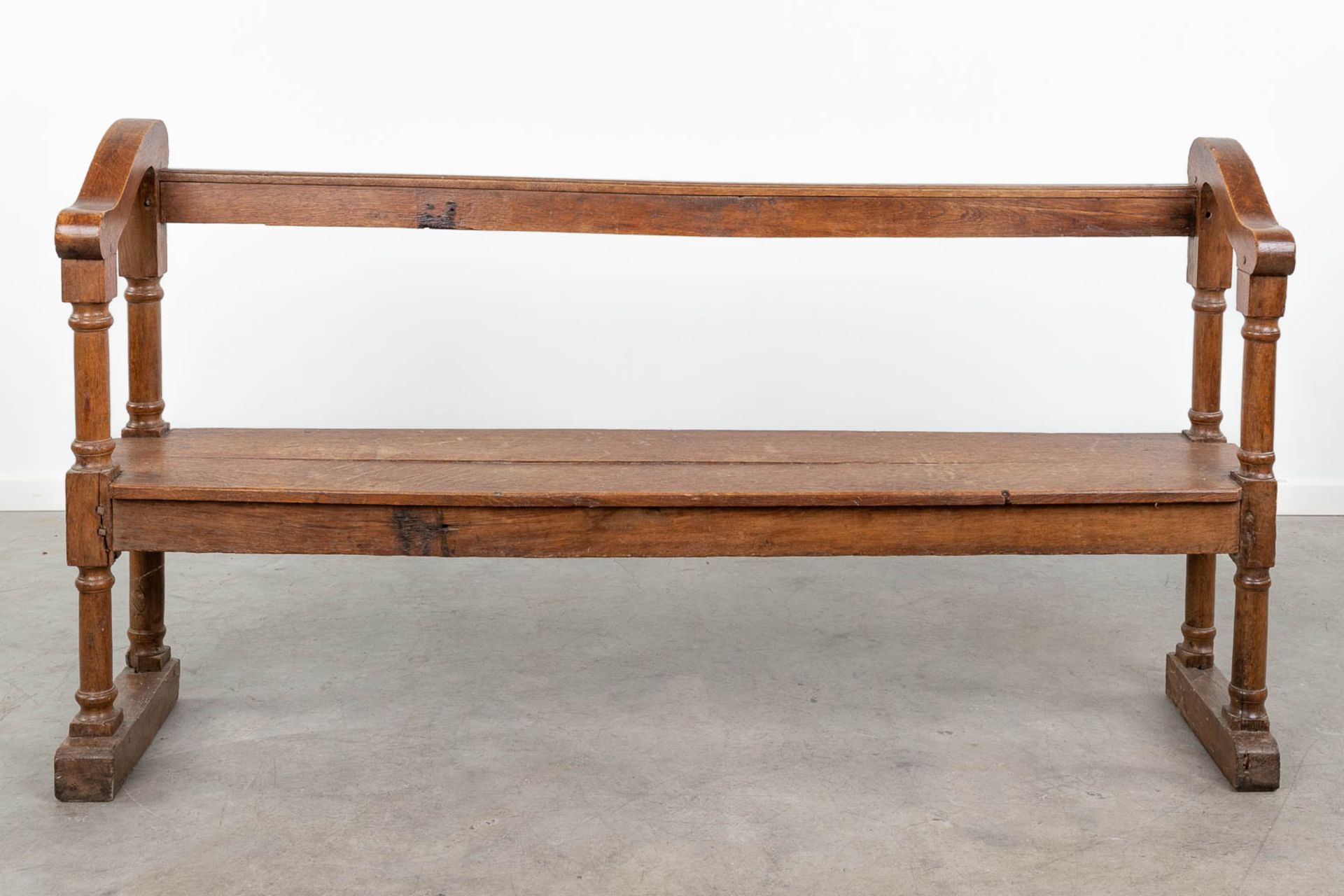 An antique bench made of oak. 19th century. (L:35 x W:164 x H:87 cm) - Image 3 of 11