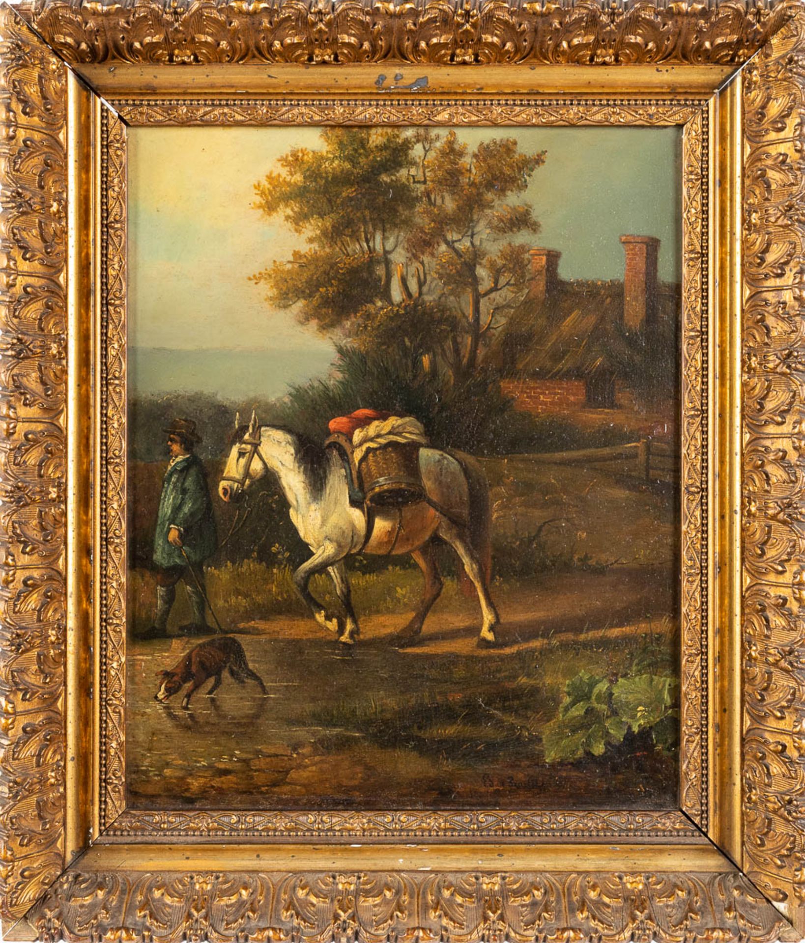 Edmond DE PRATERE (1826-1888) 'Walking a horse' a painting, oil on panel. 19th C. (W:27 x H:33 cm) - Image 3 of 7