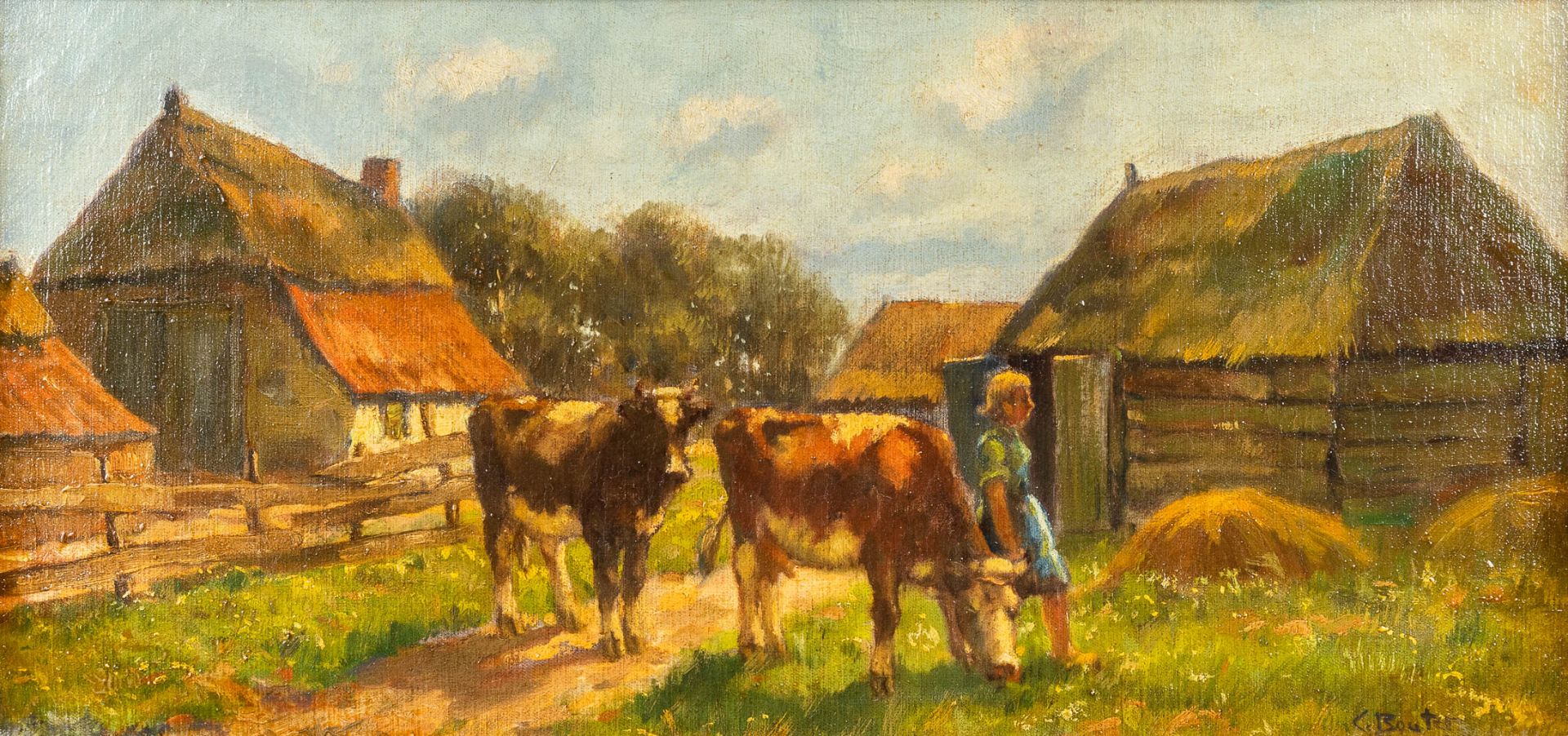 Cornelius Wouter BOUTER (1888-1966) 'Farm with cows', oil on canvas. (W:58 x H:27 cm)