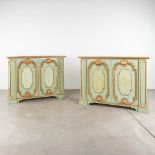 A pair of decorative Italian pieces of furniture, gold plated and green patinated. 20th C. (L:53 x W