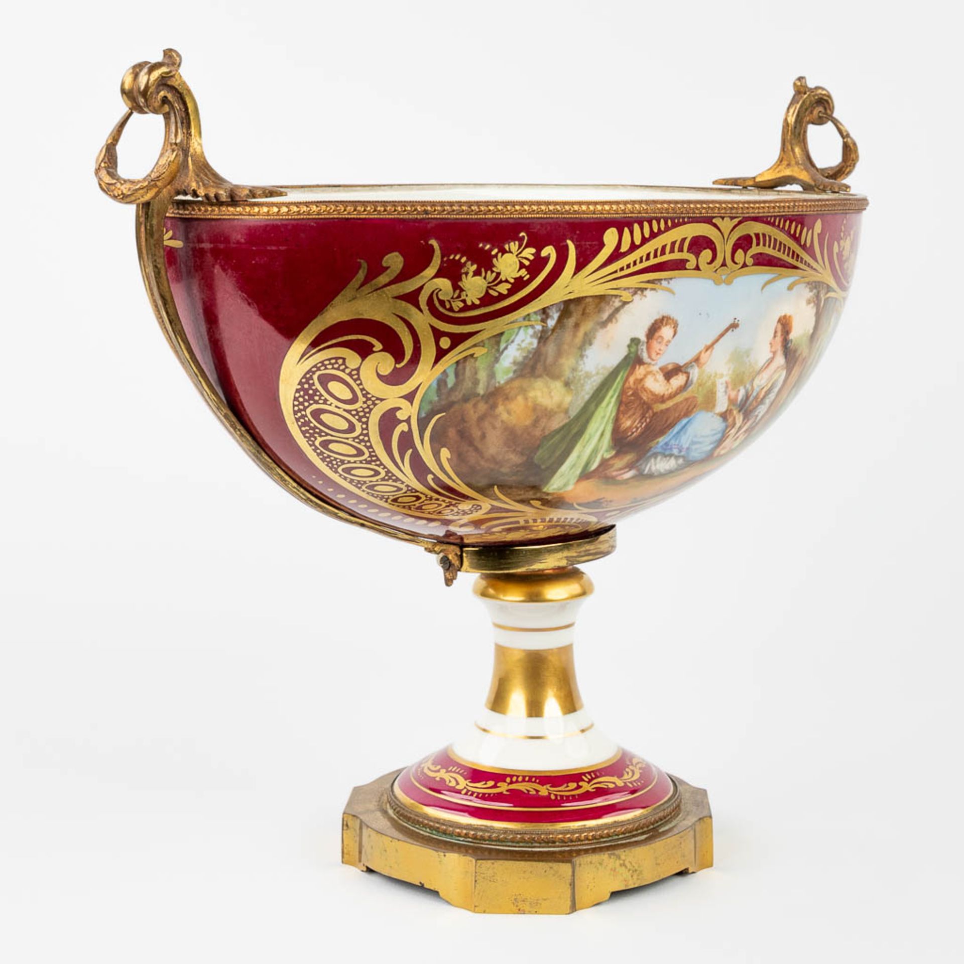 Limoges, a large bowl on a stand, with hand-painted decor. (L:20 x W:37 x H:31 cm) - Image 12 of 16