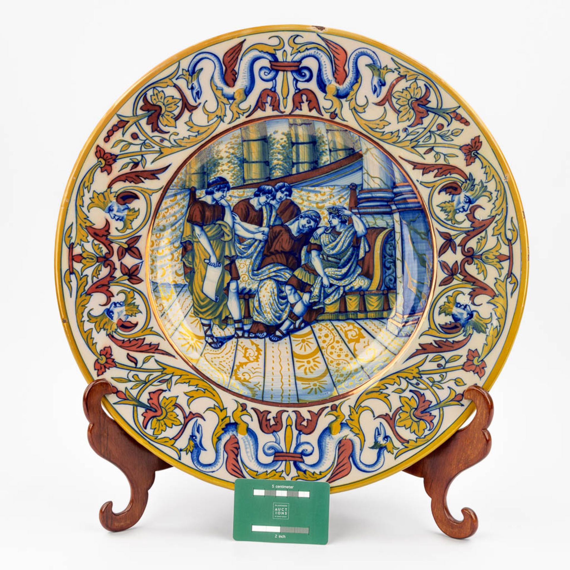 An antique Majolica Plate, with hand-painted decor. Umbra, Italy. (H:6,5 x D:43 cm) - Bild 16 aus 16