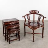 A set of Oriental cigogne side tables and a chair, decorated with mother of pearl. (L:55 x W:55 x H: