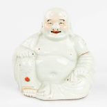 A 'Chinese 'Laughing buddha', made of glazed porcelain. 20th C. (L:14,5 x W:25,5 x H:25 cm)