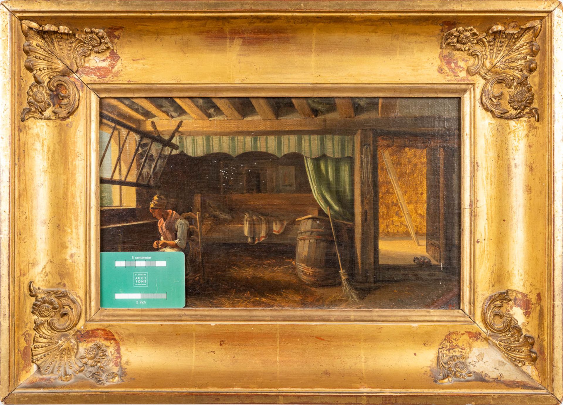 Monogram E.M. 'Interior of a stable', a painting, oil on panel. 19th C. (W:36 x H:21 cm) - Bild 2 aus 7
